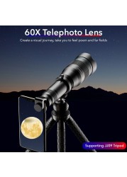 مجموعة عدسات تيليفوتو معدنية 60X اتش دي من APEXEL-APL-JS60XJJ09 تلسكوب أحادي مع حامل ثلاثي ميني قابل للتمديد وكأس العين وحقيبة عدسات محمولة لجميع الهواتف الذكية للسفر والصيد