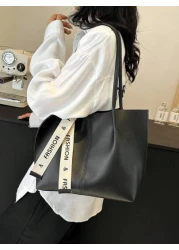 حقيبة كتف نسائية متعددة الاستخدامات ذات لون واحد، حقيبة كتف سعة كبيرة من جلد البولي يوريثان بديكور وشاح حريري