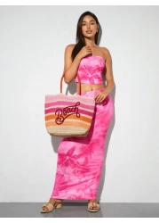 SHEIN BAE Casual Holiday Colorblock Striped Letter Embroidery Tote Bag