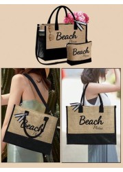 1set Beach Letter Print Tote Simple Linen Tote Reusable Grocery Shopping Tote Bag And Makeup Bag Holiday Gift Bag Perfect For Vacation Travel Khaki Summer Essentials Perfect For Vacation Holiday Suita