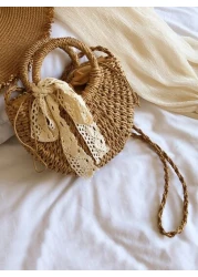 Lightweight Portable Small Straw Bag Skinny Scarf Decor Drawstring Double Handle For For Teen Girls Women College Students Perfect For School Outdoors Travel Outings Handbag Shoulder Bag Elementary Sc