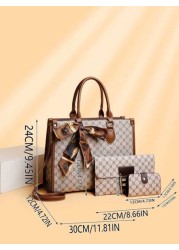 3 Piece Set Floral Pattern Large Capacity Tote Bag With Random Scarf