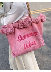 Fashionable Large Capacity Letter Tassel Canvas Tote Bag Simple And Perfect For Shopping And Commuting School Supplies School Bag School Tote Bag Back To School Large Capacity Suitable For Teen Girls