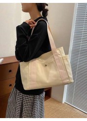 1pc Ins Style Canvas Tote Bag With Large Capacity For Students Work Commute And Outdoor Activities Shoulder And Hand Carry Bag Large School Tote Bag Multiple Compartments Perfect For Beach School Work