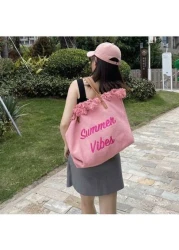 Fashion Large Capacity Letter Tassel Canvas Tote Bag Minimalist Commute And Shopping Shoulder Handbag