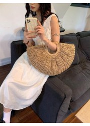 1pc Large Capacity Khaki Tote Bag Woven Straw Open Top Round Bag For Travel Vacation Beach Summer Straw Beach Bag For Women Vacation Essentials Perfectly Matching With Beach Accessories Women