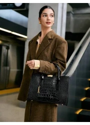 حقيبة أنثوية كبيرة السعة بنمط سحلفية مطبوعة باللون الأسود، حقيبة كتف، حقيبة يد، حقيبة كروس، حقيبة ساتشل بنمط