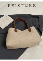 FEISTURE 1 Piece Summer Straw Woven Handbag Beach Bag By The Sea Large Capacity Belt Buckle Design Tote Bag Magnetic Buckle Closed Suitable For Girls Ladies College Students Newcomers And White Collar