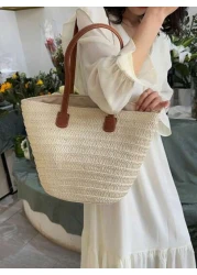 Straw Bag Straw Woven Handbag Beige Women Tote Bags Large Capacity Portable Beach Holiday Bag Double Handle Shoulder Bag Lunch Bag Business Bag Women s Stylish Shopping Bag For Teen Girls Women Colleg