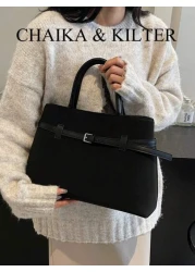 1pc Women Suede Fabric Tote Bag Vintage Casual Large Capacity Handbag With Magnetic Closure Belt Decor Dual Handles Design Suitable For Travel Shopping Dating Gifts For Teenage Girls College Students