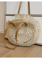 Yogodlns Hollow Out Summer Round Bags For Women Rattan Shoulder Bag Girls Handmade Woven Handbags Female Large Summer Perfect For Vacation Holiday School Bag Large Capacity Portable Classic Casual For