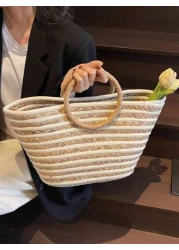 حقيبة قش كبيرة السعة ذات استخدام متعدد للنساء بمقبض دائري مخطط، حقيبة تسوق وشاطئ مناسبة للعطلات والسفر