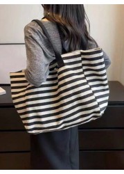 Yogodlns Simple Stripe Design Tote Bag For Girls Women Canvas Shoulder Bag Ladies Shopping Bags High Quality Handbagsschool Tote Bag Portable Foldable Business Casual Suitable For Teen Girls Women Col