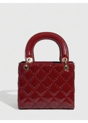 1pc PU Leather Handbag Wine Red Bag Versatile Patent Leather Quilted Tote Bag Structured Small Bag Fashionable Shoulder Crossbody Bag Geometric Pattern Purse