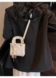 Exquisite Mini High Quality Textured New Popular Sweet Silk Scarf Handbag In Spring And Summer Niche Design Diamond Grid Heart Embroidered Princess Diana Bag Fashionable Crossbody Bag With Bow Pendant