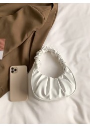 Mini Solid Color Women Pleated Handbag Women Solid Color Cloud Crescent Shoulder Bag