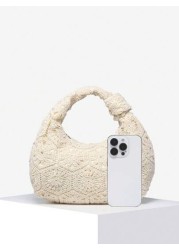 1pc Women Retro Minimalist Casual Imitation Knitting Angora Deer Velvet Leopard Print Bohemian Hippie Hollow Crocheted Woven Artificial Leather One Shoulder Armpit Baguette Bag Suitable For Outing Dat