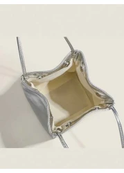 2025 Spring Summer New Silver Color Lunch Box Tote Bag Women s Commute Shiny Mirror Handbag Fashionable Simple Silver PU Leather Bucket Bag Casual Lightweight Solid Color Handbag