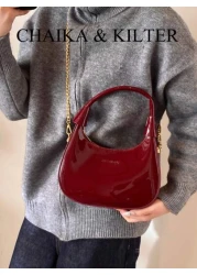 1pc CHAIKA KILTER Women Glossy PU Leather Tote Bag Fashionable Crescent Shaped Armpit Bag With Detachable Metal Chain Zipper Closure Suitable For Daily And Outdoor Use