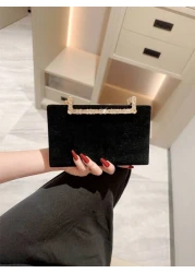 1pc Velvet Box Clutch Bag Glittery Metal Crystal Decor Evening Bag For Gown Formal Party Wedding Bridal Purse Crossbody Bag