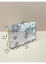 Flower Sequin Crossbody Stylish Silver Purse For Women Elegant Random Floral Embroidered Evening Silver Clutch Bag Prom Accessories Bridesmaid Gifts Fashion Retro Chain Evening Bag Mini Box Bag For Pa