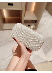 1pc Elegant Faux Pearl Box Shape Evening Clutch Bag White Romantic Wedding Party Purse Luxury Rhinestone Decor Evening Gown Bag Formal Party Crossbody Chain Bag Perfectly Matching With New Years Outfi