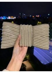 حقيبة مسائية ذو مقاس كبير عالية الجودة، من الدرجة A، مزينة بفيونكة من الراين واللؤلؤ الصناعي والكريستال اللام