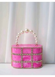 1pc Rose Pink Marble Texture Rhinestoned Pearl Party Clutch Bag With Chain Strap Luxury Evening Bag Suitable For Wedding Gala