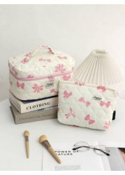 1Piece Bow Travel Toiletry Bag With Handle Quilted Fabric Large Capacity Women Handle Cosmetic Bag Cosmetic Brushes Storage Make Up Organizer Travel Skincare Makeup Pouch For For Bathroom For College