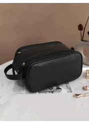 1pc Portable Stylish Three Layer PU Leather Makeup Bag Multifunctional Cosmetic Bag Double Zipper Travel Makeup Brush Toiletries Storage Bag Coin Purses Pouches Large Capacity Wash Bag With Zipper Fas