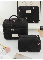 حقيبة مكياج مجموعة مبطنة بالقطن مطرزة بالفيونكة للنساء ، حقيبة تجميل للسفر مع مقبض ، حقيبة لتخزين التامبون وا