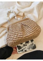 Solid Color Straw Fabric Beach Travel Casual Shoulder Bag For Women Minimalistic Design Vacation Bag For Summer Perfect For Beach Vacation Shopping And Vacation Essentials Perfectly Matching With Vaca