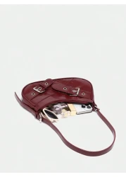 1pc Vintage Wine Red Patent Leather Y2K Gothic Style Shoulder Bag With Rivet Decoration For Women Suitable For Daily Use And Travel Tready Crescent Moon Bag For Women Fashionable Burgundy Bag Retro In