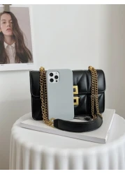 1pc Solid Color PU Shoulder Bag For Women Fashionable Diamond Shape Embroidery Pattern Square Bag With Metal Chain Strap And Lock Closure Perfect For Shopping Dating Gifts For Teen Girls College Stude