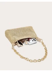 قطعة واحدة، حقيبة نسائية من القش الخفيفة المنسوج بسلسلة معدنية، موضة عصرية عالية الجودة للشاطئ ذات سعة كبيرة