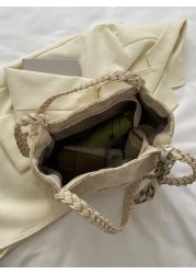 Scarf Letter Patch Decor Textured Square Bagtote Bag Handbag Shoulder BagCasual FashionGeometricLightweight Portable Large CapcityFor Girl For College Students For Woman For Women Rookies White Collar