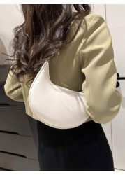 1pc Zipper Closure PU Solid Color Crescent Armpit Bag Fashionable Retro Office Work Shoulder Bag Versatile Baguette Bag