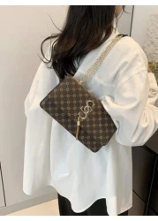 Plaid Rhombus Floral Pattern Flap Baguette Bag For Women Metal Tassel Letter Decor Shoulder Crossbody Handheld Multi Use Commute Bag