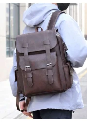 Men s Fashionable Casual Plain PU Flap Multi Pocket Large Capacity Backpack Suitable For Business Shopping Travel And Versatile Wear