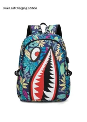 Men s Stylish Shark Mouth Print Backpack Shoulder Bag Contrast Color Letter Leaf Print Versatile College Bookbag All Over Random Print Large Capacity Lightweight Nylon Travel Bag Water Resistant Fits