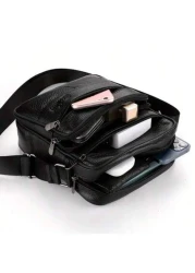 1PC Premium Black Genuine Leather Satchel Sleek Multi Purpose With Adjustable Strap Ideal For Everyday Style Function Shoulder Crossbody Sling Side Bag Work Weekend Travel Camping Summer Portable Slin