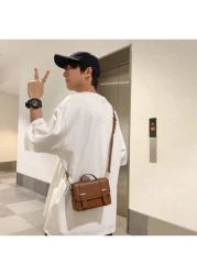 1pc Solid Black Brown Rivet Decor PU Waterproof Flap Closure Casual Men Shoulder Sling Bag Women Phone Purse Vintage Side Bags For Men