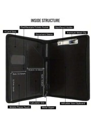 1pc DIY Zippered PU Leather Business Padfolio Notebook With Letter Size Clipboard A4 Portfolio Binder Organizer Folder Interview Resume Document Organizer With Sleeve Holder Black A Great Partner For