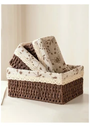 مجموعة من 3 سلال تخزين منسوجة صديقة للبيئة - صناديق مستطيلة متينة بإطار بلاستيكي قوي وبطانة قماشية قابلة للإزالة، مثالية لتنظيم الأغراض الصغيرة، الألعاب، الكتب، أدوات التجميل، وأكثر - بني