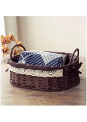 مجموعة من 2 سلال منسوجة بيضاوية صديقة للبيئة مع مقابض - صناديق تخزين متينة بإطار بلاستيكي قوي وبطانات قماشية قابلة للإزالة والغسل لتنظيم المنزل في غرفة المعيشة، غرفة النوم، الحمام، وغرفة الأطفال - بني