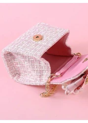 1 قطعة خاصة بالبنات، حقيبة كاجوال ذات غطاء بسلسلة معدنية مزينة بفراشة قماشية كبيرة الحجم، أحرف، لؤلؤ، رينستون