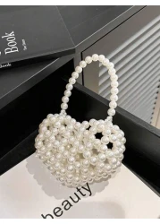 1pc Girls Heart Shaped Handbag With Faux Pearl Decoration Handmade Beaded Accents Open Top Design Suitable For Festival Gift Or Spring Summer Daily Dressing Matching