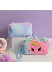 حقيبة مستحضرات تجميل من القطيفة على شكل وحيد القرن الكرتوني ذات عيون كبيرة، حقيبة يد لطيفة للفتيات لمستلزمات