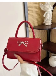 1pc Gentle And Sweet Bow Fashion Handbag Versatile Ins Shoulder Crossbody Bag Stylish And Gentle Small Square Bag With Bow Decoration Pu Material Magnetic Buckle Closure Crossbody Bag High End Solid C