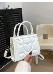 1pc Pu Zipper Opening And Closing Fashionable Small Fresh Love Indentation Handbag Korean Simple Solid Color Versatile Shoulder Messenger Bag Niche Design Comfortable Adjustable Shoulder Strap Versati